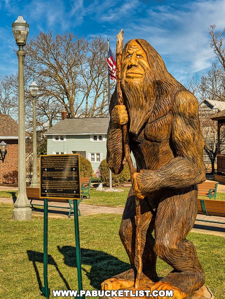 A photograph of the Derry Bigfoot statue in Derry Borough, Westmoreland County, Pennsylvania, featuring a large wooden sculpture of Bigfoot carved from a single tree trunk. The statue depicts Bigfoot with long, flowing hair, a muscular build, and a contemplative expression while holding a tall wooden staff. Positioned in a public park, the statue is accompanied by an informational plaque on a metal stand detailing local Bigfoot lore. The background features lampposts, benches, an American flag, and residential houses under a clear blue sky. The well-maintained grassy area and paved walkways enhance the setting, making it a notable roadside attraction.