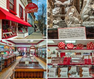 A collage of four photos showcasing the Gardner’s Candy Museum in Tyrone, Pennsylvania. The top left image captures the exterior of the historic candy store and museum, with a bright red awning and window displays featuring stuffed animals and festive decorations. The top right image highlights a close-up of vintage German silver candy molds used for shaping chocolate bunnies, accompanied by an informational sign explaining their history. The bottom left image provides a view of the museum’s interior, displaying antique candy-making equipment, vintage candy tins, and historical artifacts related to the company's long history. The bottom right image showcases shelves filled with Gardners Candies' Valentine’s Day treats, including heart-shaped chocolate boxes, peanut butter meltaways, and decorative holiday tins.