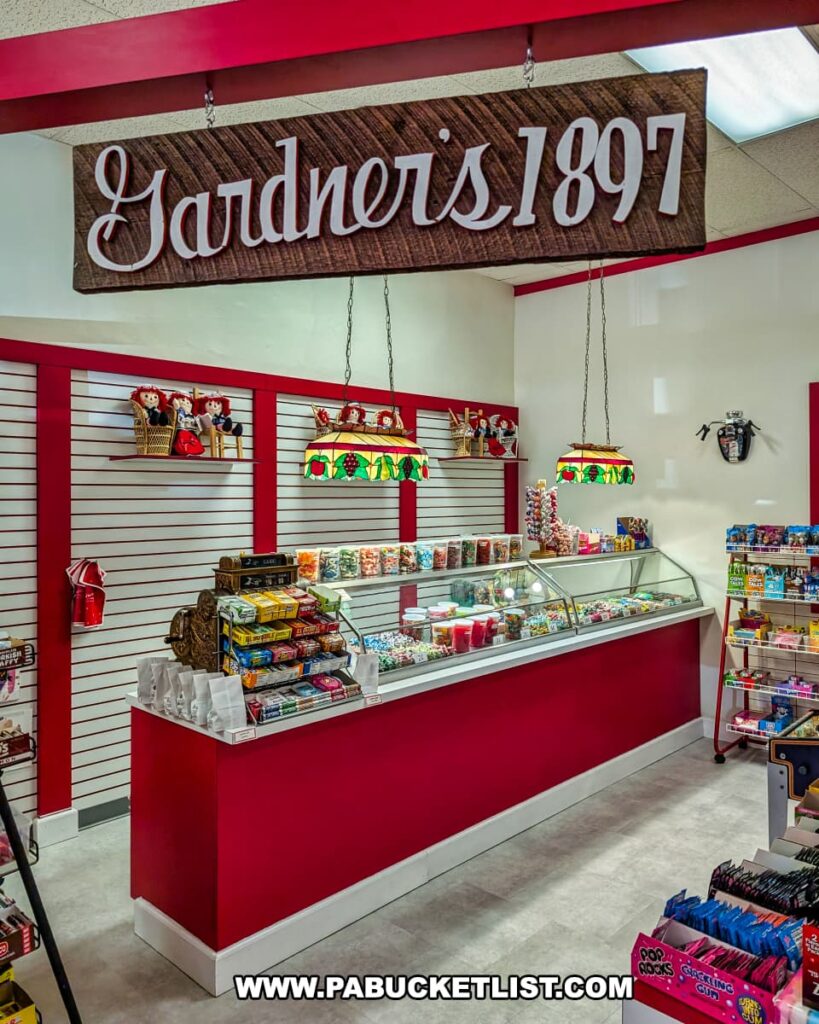 A nostalgic candy counter inside Gardner's Candy Museum in Tyrone, Pennsylvania, features a red and white vintage-style display filled with classic sweets. A wooden sign reading "Gardner’s 1897" hangs above the counter, celebrating the company's long history. The glass display case is stocked with colorful candy jars, individually wrapped treats, and retro confections. Stained-glass pendant lights add an old-fashioned charm to the space, while shelves in the background showcase decorative dolls and vintage-inspired merchandise. The setup evokes the atmosphere of an old-fashioned candy shop, where visitors can experience the history and legacy of Gardners Candies, famous for its Original Peanut Butter Meltaway.