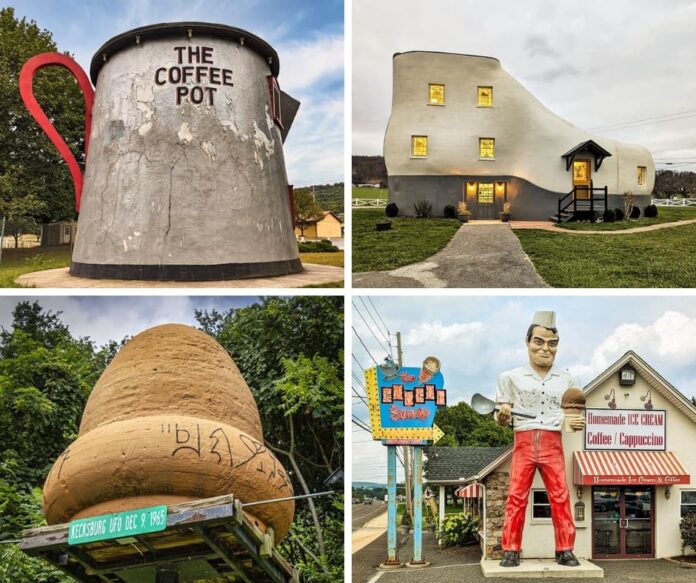 Quirkiest-Man-Made-Roadside-Oddities-in-Pennsylvania A collage of four photographs showcasing unique roadside attractions in Pennsylvania. The top left image features The Coffee Pot in Bedford, a massive coffee pot-shaped structure with a gray exterior, red handle, and a black base. The top right image displays the Haines Shoe House in York, a whimsical cream-colored house shaped like a giant shoe, with small glowing windows and a welcoming entrance. The bottom left image highlights the Kecksburg UFO replica in Kecksburg, a large, acorn-shaped structure with mysterious markings, mounted on a platform with a sign referencing the alleged UFO incident from December 9, 1965. The bottom right image presents a towering retro-style ice cream man statue outside The Inside Scoop in Coopersburg wearing red pants and holding an oversized ice cream cone and scoop, standing beside a neon sign advertising homemade ice cream and coffee.