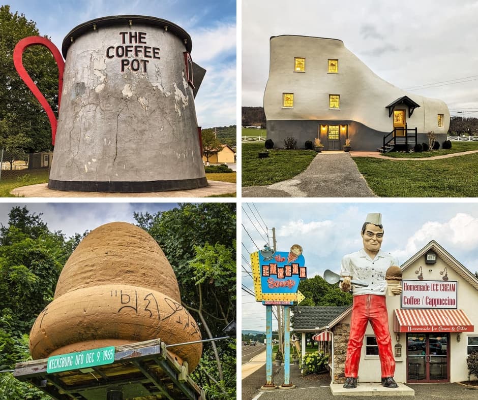 A collage of four photographs showcasing unique roadside attractions in Pennsylvania. The top left image features The Coffee Pot in Bedford, a massive coffee pot-shaped structure with a gray exterior, red handle, and a black base. The top right image displays the Haines Shoe House in York, a whimsical cream-colored house shaped like a giant shoe, with small glowing windows and a welcoming entrance. The bottom left image highlights the Kecksburg UFO replica in Kecksburg, a large, acorn-shaped structure with mysterious markings, mounted on a platform with a sign referencing the alleged UFO incident from December 9, 1965. The bottom right image presents a towering retro-style ice cream man statue outside The Inside Scoop in Coopersburg wearing red pants and holding an oversized ice cream cone and scoop, standing beside a neon sign advertising homemade ice cream and coffee.