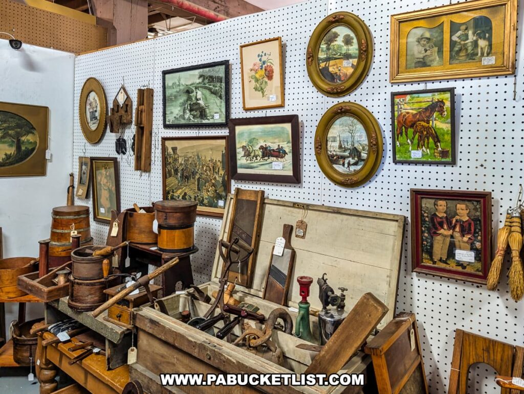 A booth inside Rollermills Antique Marketplace in Lewisburg, PA, featuring a collection of antique hand tools, wooden barrels, and rustic kitchenware displayed on tables, along with vintage framed artwork and prints mounted on a pegboard wall, showcasing the diverse selection of historical artifacts available in this restored 1880s flour mill.