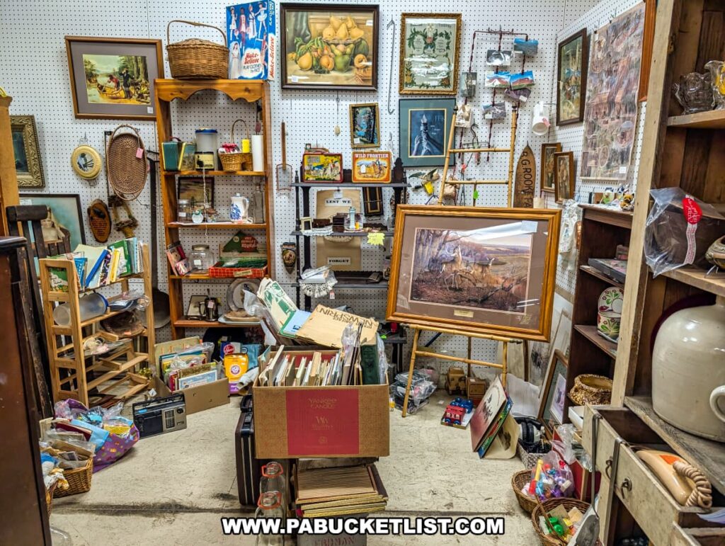 A booth inside Rollermills Antique Marketplace in Lewisburg, PA, filled with an eclectic mix of vintage and antique items, including framed artwork, books, glassware, baskets, decorative ceramics, and collectibles, all displayed on wooden shelves and tables within the historic 1880s flour mill.