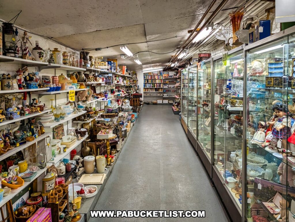 A long aisle inside Rollermills Antique Marketplace in Lewisburg, PA, lined with shelves and glass display cases filled with a diverse assortment of antiques and collectibles, including ceramics, glassware, figurines, dolls, decorative items, and vintage books, all housed within the historic 1880s flour mill.