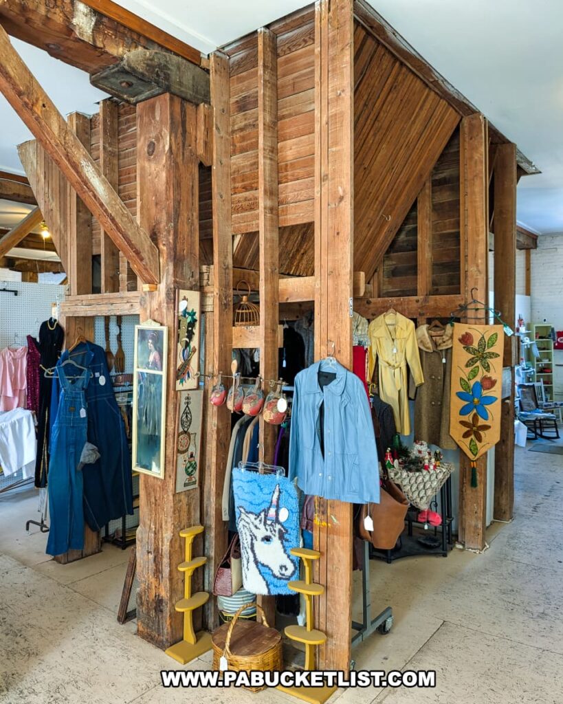 A section inside Rollermills Antique Marketplace in Lewisburg, PA, showcasing the historic wooden flour bins from the building’s past as an 1880s flour mill, surrounded by vintage clothing, handcrafted textiles, and retro decor, blending industrial heritage with a unique shopping experience.