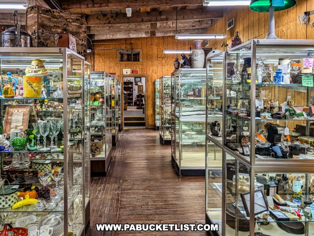 A well-lit aisle inside Rollermills Antique Marketplace in Lewisburg, PA, lined with glass display cases filled with antique glassware, ceramics, vintage collectibles, and unique memorabilia, with wooden floors and exposed beams reflecting the building’s 1880s flour mill origins.