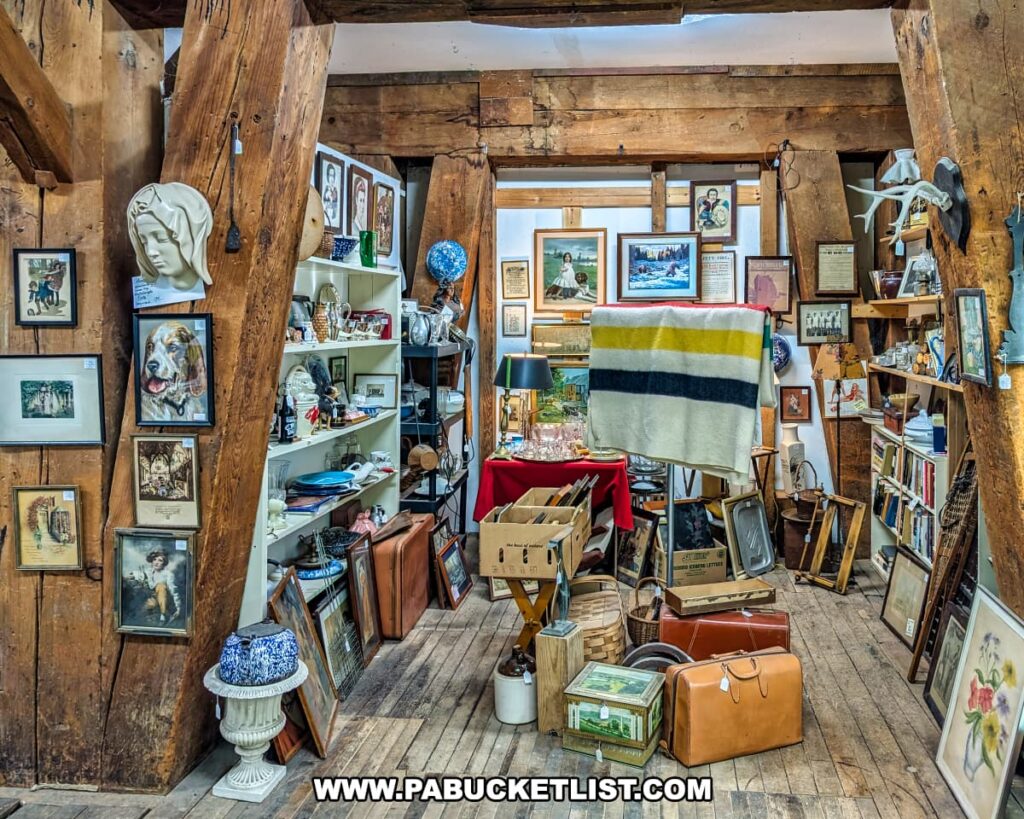 A vendor booth inside Rollermills Antique Marketplace in Lewisburg, PA, featuring rustic wooden beams from the historic 1880s flour mill, with shelves and tables filled with vintage artwork, glassware, books, decorative pieces, and antique luggage, creating a cozy and eclectic shopping space.