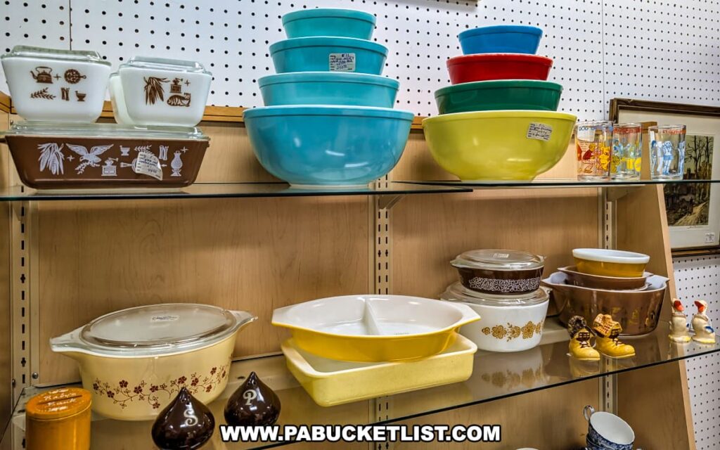 A vendor booth inside Rollermills Antique Marketplace in Lewisburg, PA, displaying a collection of vintage Pyrex and Fire-King glassware, including colorful mixing bowls, casserole dishes, and divided serving trays, arranged neatly on glass shelves alongside retro drinking glasses and ceramic collectibles.