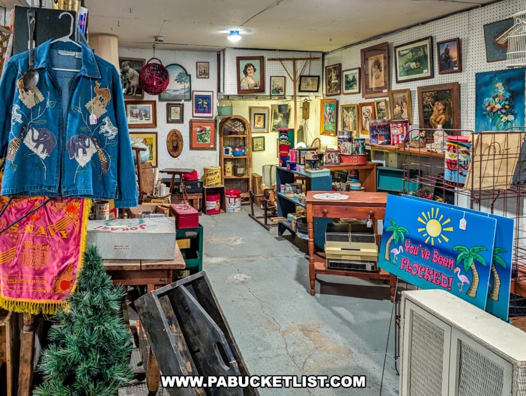 A vendor booth inside Rollermills Antique Marketplace in Lewisburg, PA, featuring an eclectic mix of vintage artwork, framed prints, antique furniture, retro tin containers, decorative collectibles, and unique clothing, all displayed in a cozy space within the historic 1880s flour mill.