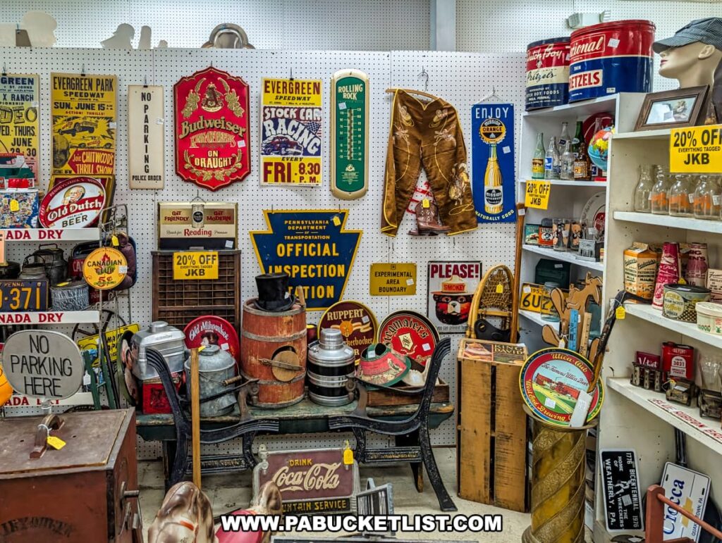 A vendor booth inside Rollermills Antique Marketplace in Lewisburg, PA, featuring a collection of vintage advertising signs, gas station memorabilia, beer and soda tins, old license plates, and rustic antiques, creating a nostalgic display of retro Americana and classic road signs.