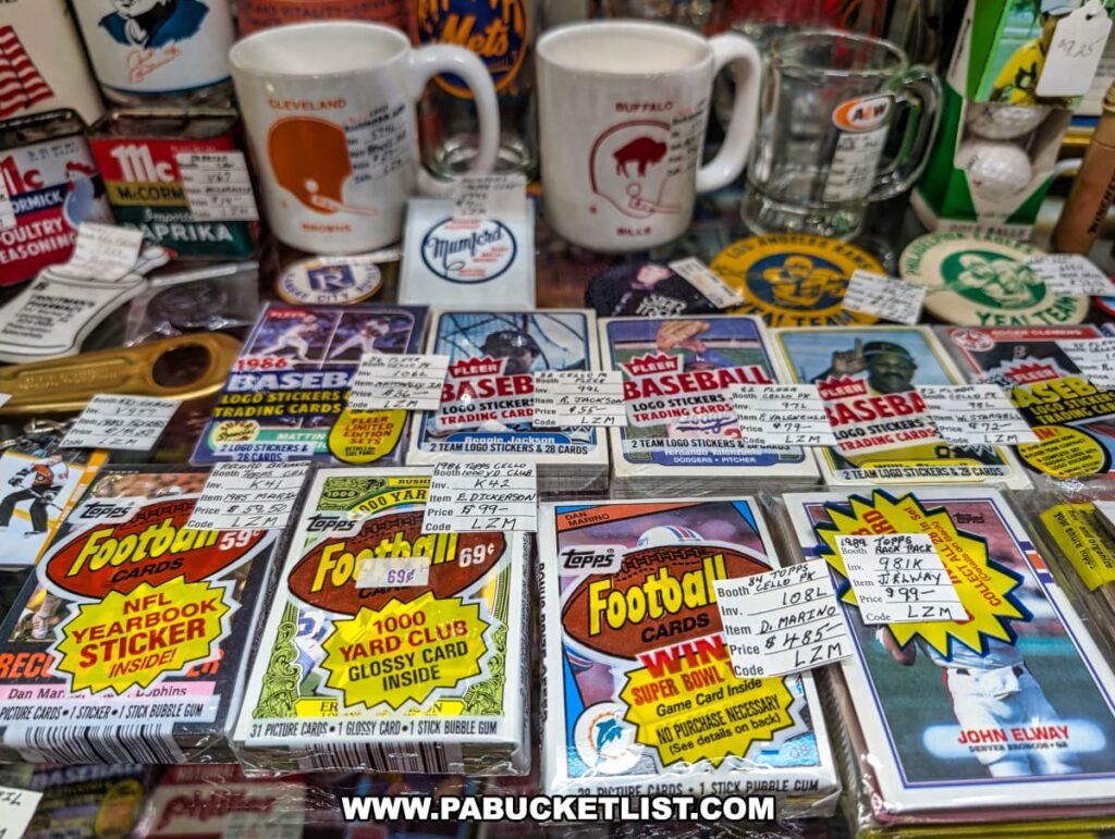 A glass display case inside Rollermills Antique Marketplace in Lewisburg, PA, featuring a collection of vintage sports trading cards, including unopened packs of football and baseball cards from the 1980s and 1990s, alongside collectible mugs, team memorabilia, and nostalgic sports-themed items.