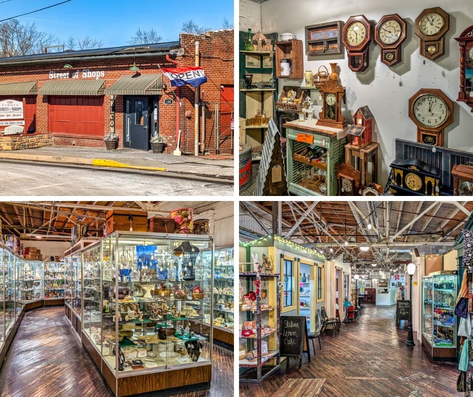 A collage of four photos showcasing the Street of Shops antique marketplace in Lewisburg, PA. The top left image shows the exterior of the historic red-brick building, featuring green-and-red striped awnings, a welcoming "OPEN" flag, and a sign advertising over 500 shops inside. The top right image highlights a vendor booth filled with vintage wall clocks, rustic wooden shelves, and decorative home goods. The bottom left image captures glass display cases filled with vintage collectibles such as jewelry, ceramics, and glassware, set against the backdrop of rustic wooden floors and exposed beams. The bottom right image shows an inviting hallway with vendor booths styled as storefronts, featuring cozy displays, glass cases, and a sign advertising Italian lemon cake.