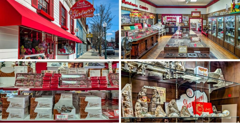 A collage of four photos showcasing the Gardner’s Candy Museum in Tyrone, Pennsylvania. The top left image features the exterior of the historic candy store and museum, with a bright red awning, festive window displays, and a classic street view. The top right image captures the museum’s interior, highlighting vintage candy-making equipment, antique display cases, and historical memorabilia related to Gardners Candies' long history. The bottom left image showcases a store shelf filled with Gardners Candies’ chocolates, including Valentine’s Day treats, peanut butter meltaways, and decorative tins. The bottom right image displays a collection of vintage candy molds, including bunny and basket-shaped designs, which were historically used for crafting chocolate confections.