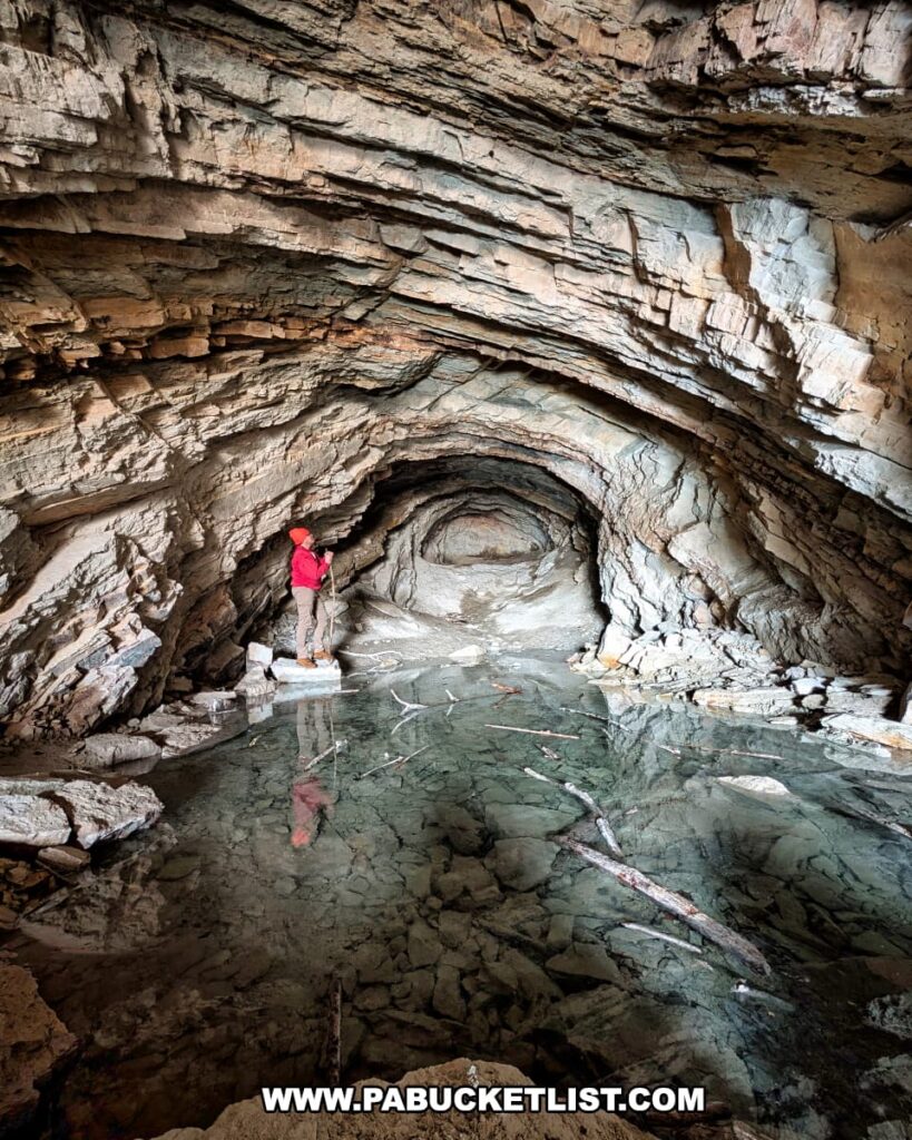 A hiker in a red jacket and orange beanie stands on a rocky ledge inside the abandoned Conococheague Mountain Railroad Tunnel in Perry County, Pennsylvania, gazing deeper into the unfinished passage. The tunnel's rugged rock walls curve overhead, displaying jagged, layered formations from the failed excavation of the Path Valley Railroad, which was abandoned in 1895. A large, still pool of water covers much of the tunnel floor, reflecting the hiker and the rough stone surroundings. Scattered branches and fallen debris lie partially submerged, adding to the eerie and untouched nature of this historic site hidden within the remote Tuscarora State Forest.