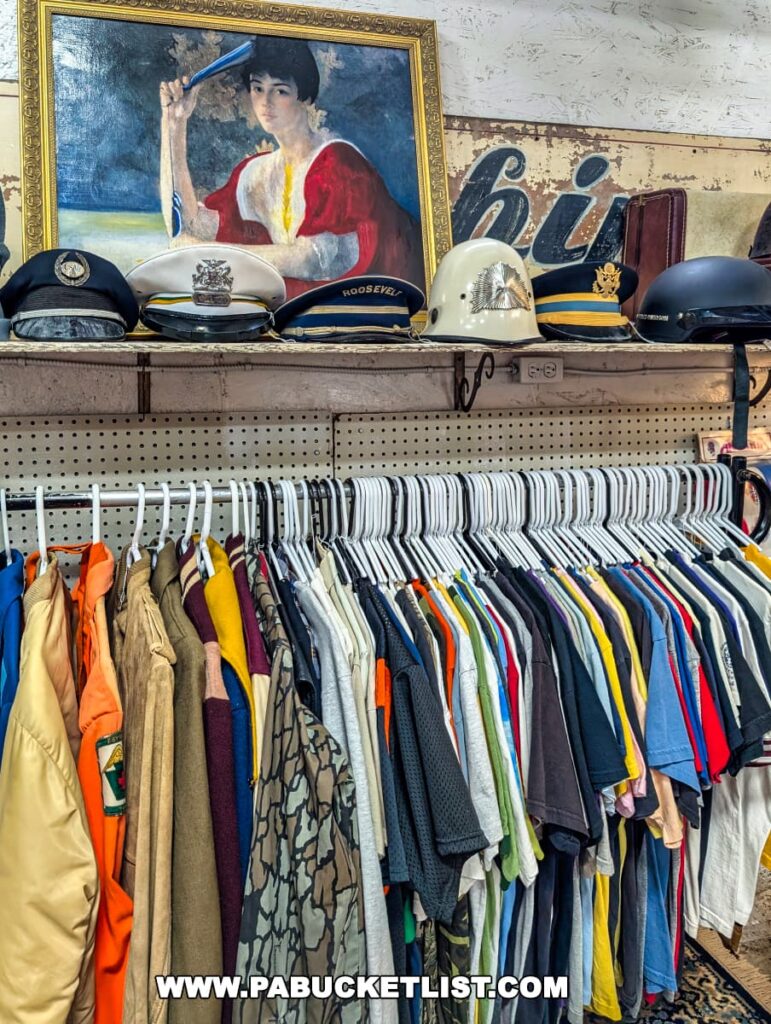 Display of vintage clothing and accessories at the Duncansville Antiques Co-Op in Blair County, Pennsylvania, featuring a rack of colorful shirts, jackets, and camouflage apparel beneath a shelf lined with military and uniform hats, along with a framed painting and antique signage in the background.