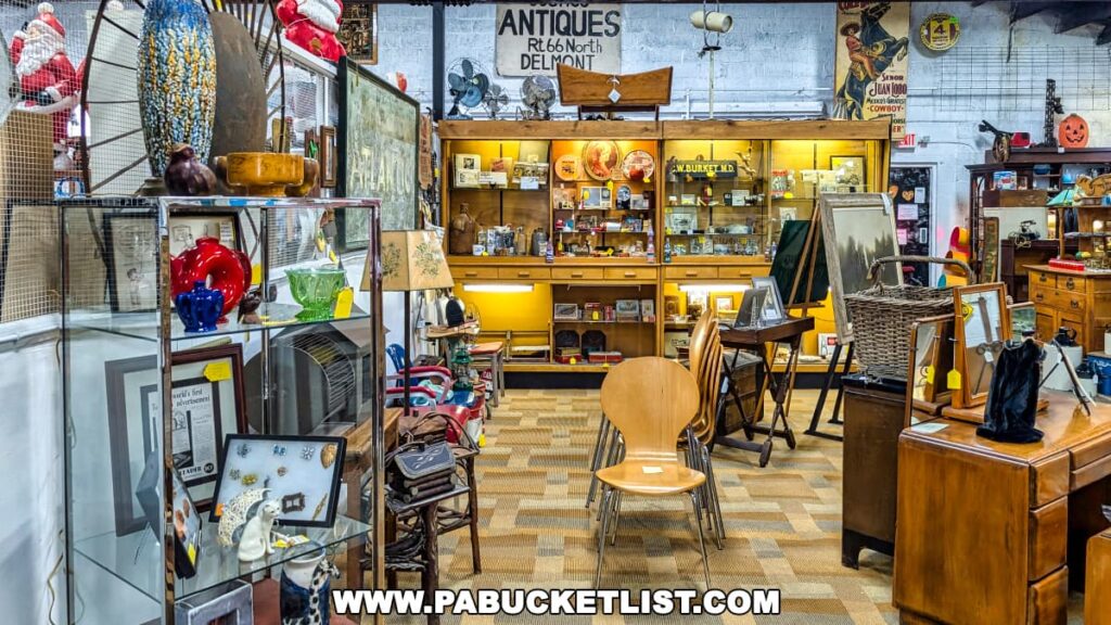 Interior of the Duncansville Antiques Co-Op in Blair County, Pennsylvania, showcasing a well-organized selection of vintage furniture, glassware, artwork, home décor, and collectibles, including a glass display case with colorful vases and jewelry, and a wooden shelving unit filled with antique memorabilia.