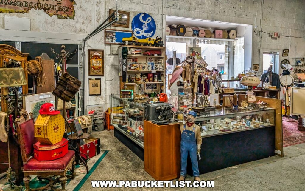 Interior of the Duncansville Antiques Co-Op in Blair County, Pennsylvania, featuring a variety of vintage items, including glass display cases filled with jewelry and collectibles, a selection of antique lamps, hats, and purses, as well as a mannequin dressed in overalls holding a lantern near the checkout counter.