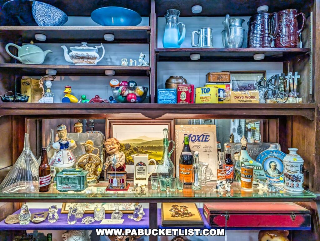 Close-up view of a display shelf at the Duncansville Antiques Co-Op in Blair County, Pennsylvania, featuring an assortment of vintage kitchenware, glassware, advertising tins, collectible bottles, and decorative items, including a Moxie soda sign, tobacco tins, ceramic teapots, and a ventriloquist doll.