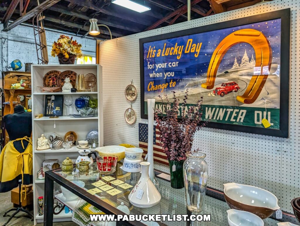 Display at the Duncansville Antiques Co-Op in Blair County, Pennsylvania, featuring vintage dishware, glassware, and decorative collectibles arranged on shelves and tables, with a large framed advertisement for winter motor oil showcasing a red car driving through snow under a golden horseshoe.