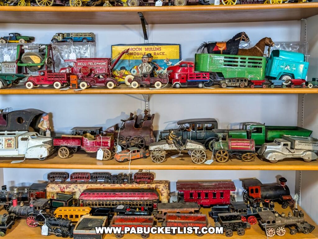 Display of vintage toy vehicles at the Duncansville Antiques Co-Op in Blair County, Pennsylvania, featuring an extensive collection of antique toy trains, trucks, and cars arranged on wooden shelves, including metal fire trucks, horse-drawn carriages, early automobiles, and a variety of locomotives with passenger cars.