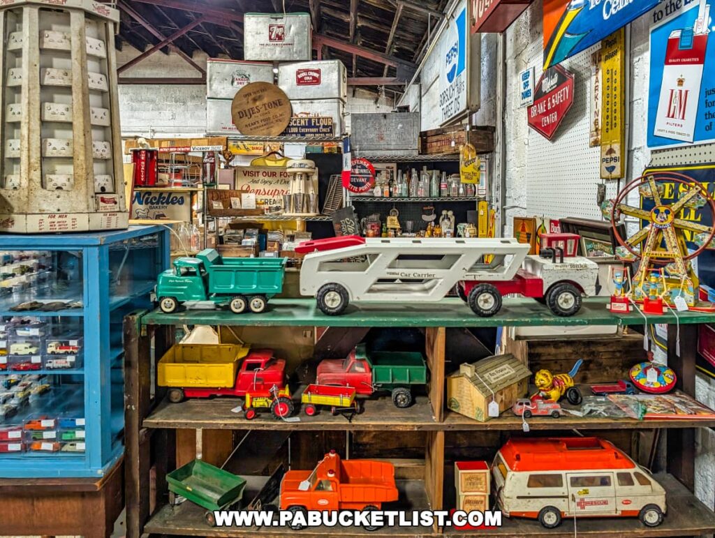 Display of vintage toys at the Duncansville Antiques Co-Op in Blair County, Pennsylvania, featuring classic metal Tonka trucks, a car carrier, a miniature Ferris wheel, and an ambulance toy, along with antique advertising signs, a blue display case filled with model cars, and various collectible tins and memorabilia.