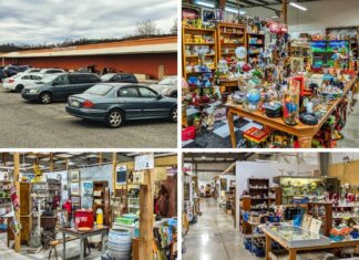 Collage of four photos showcasing Antique Depot in Duncansville, Blair County, PA. The top-left image features the store’s exterior with a large parking lot filled with cars. The top-right image highlights a vendor booth packed with colorful glassware, vintage kitchenware, neon signs, and collectibles. The bottom-left image displays a booth with antique furniture, books, and nostalgic memorabilia, including a red vintage cooler and decorative pottery. The bottom-right image provides a view down an aisle lined with vendor booths filled with glass cases, dishware, and a variety of antique and vintage items.