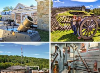 A collage of four photos showcases various scenes from Fort Ligonier in Westmoreland County, Pennsylvania. The top-left image features a large bronze mortar cannon outside the museum entrance, with a historic battle mural and stone building in the background. The top-right photo shows two visitors standing next to a cannon near the fort’s defensive chevaux-de-frise barricades and wooden palisades. The bottom-left image presents a view of the reconstructed fort interior, complete with log walls, blockhouses, and a British flag flying above, with a small artillery cannon in the foreground. The bottom-right photo highlights a museum exhibit displaying 18th-century weaponry, including muskets, swords, powder horns, and illustrations of British soldiers.