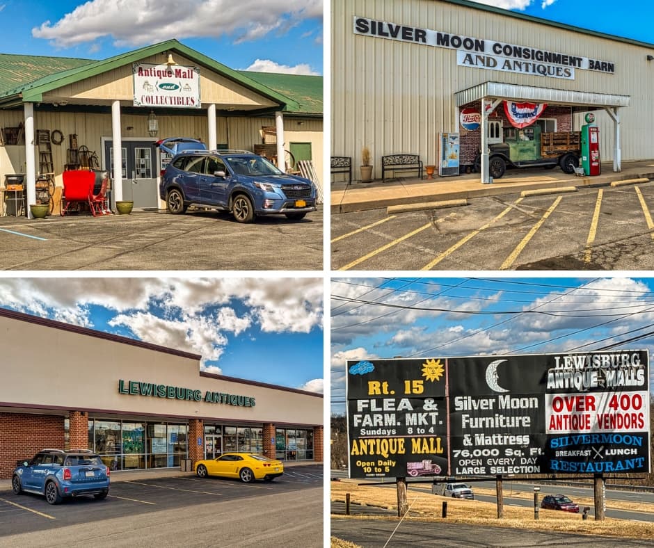 Collage featuring four photos of the Lewisburg Antique Malls in Union County, Pennsylvania, including exterior views of the Silver Moon Antique Mall, Silver Moon Consignment Barn and Antiques, Lewisburg Antiques building, and a large roadside billboard advertising all three antique malls located along Route 15.