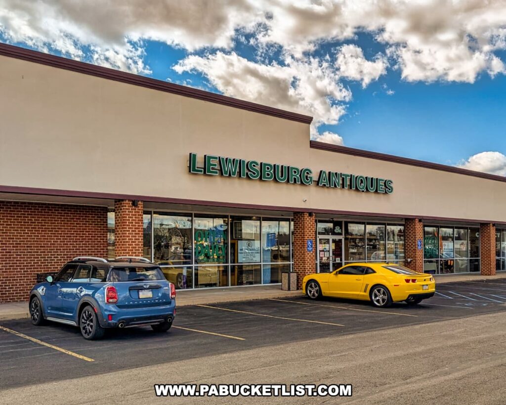 The exterior of one of the buildings at Lewisburg Antique Malls in Union County, Pennsylvania, featuring a brick and stucco façade with large storefront windows and a prominent green "Lewisburg Antiques" sign, with parked cars in front on a sunny day.
