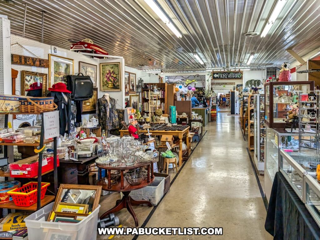 Interior view of vendor booths at the Lewisburg Antique Malls in Union County, Pennsylvania, displaying a wide assortment of antiques and collectibles such as framed artwork, vintage clothing, glassware, pottery, toys, furniture, and decorative items, arranged along a spacious aisle with shoppers browsing in the background.