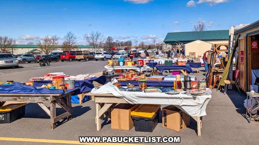 Outdoor flea market area at the Lewisburg Antique Malls in Union County, Pennsylvania, showing wooden tables filled with a variety of antiques and collectibles displayed under sunny skies, with shoppers browsing and parked cars in the background.