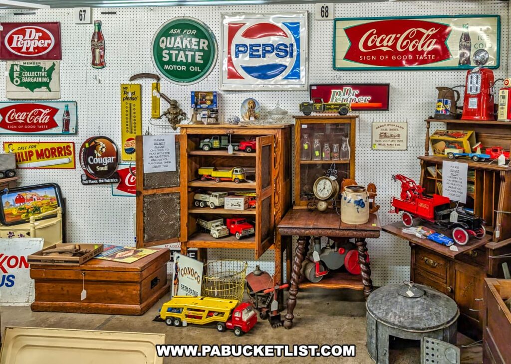 Vendor booth at the Lewisburg Antique Malls in Union County, Pennsylvania, showcasing a colorful selection of vintage advertising memorabilia, including metal signs for Pepsi, Coca-Cola, Dr Pepper, Quaker State, and Philip Morris, along with antique toy trucks, wooden furniture, and nostalgic collectibles.