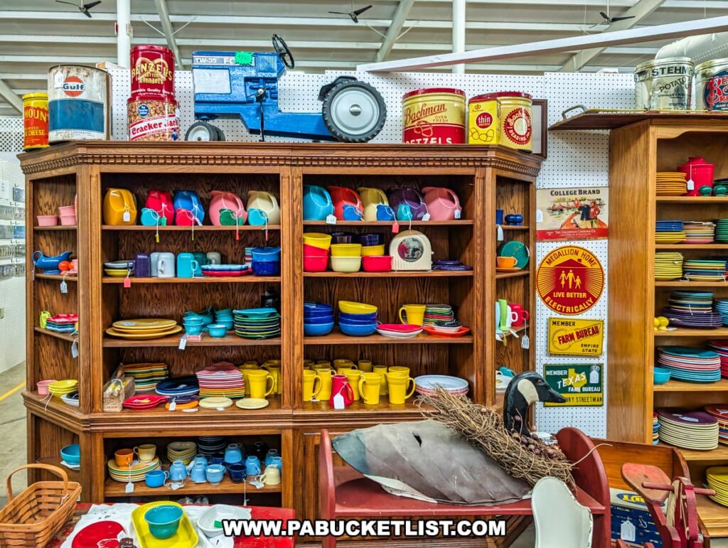 Vendor booth at the Lewisburg Antique Malls in Union County, Pennsylvania, featuring colorful vintage dishes, cups, and kitchenware neatly displayed in wooden cabinets, accompanied by antique advertising tins, nostalgic signage, and a vintage pedal tractor on top.