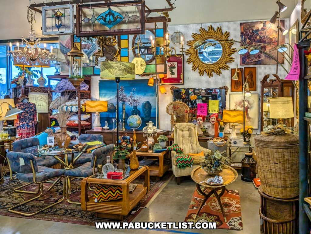 Vendor booth at the Lewisburg Antique Malls in Union County, Pennsylvania, filled with an eclectic array of vintage items, including stylish mid-century furniture, decorative stained-glass panels, ornate mirrors, lamps, artwork, and various home décor pieces arranged in an inviting, vibrant display.