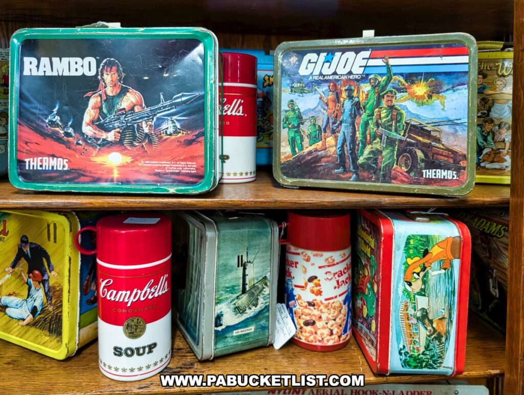 Vendor booth at the Lewisburg Antique Malls in Union County, Pennsylvania, displaying collectible vintage metal lunchboxes and matching thermoses featuring iconic pop-culture characters and themes, including Rambo, G.I. Joe, Campbell's Soup, and Cracker Jack.