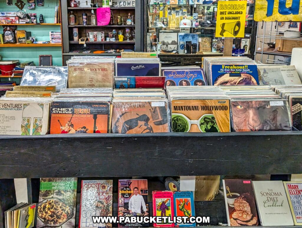 Vendor booth at the Lewisburg Antique Malls in Union County, Pennsylvania, displaying an assortment of vintage vinyl record albums featuring a variety of genres and artists, neatly organized in bins for easy browsing, along with cookbooks and other collectibles on lower shelves.