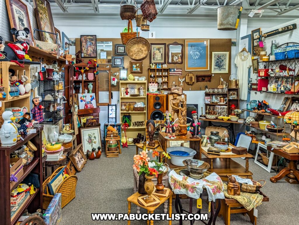 Vendor booth at the Lewisburg Antique Malls in Union County, Pennsylvania, featuring an extensive collection of vintage home décor, wall art, framed prints, toys, collectibles, baskets, ceramics, and a variety of nostalgic and decorative household items arranged neatly throughout the space.