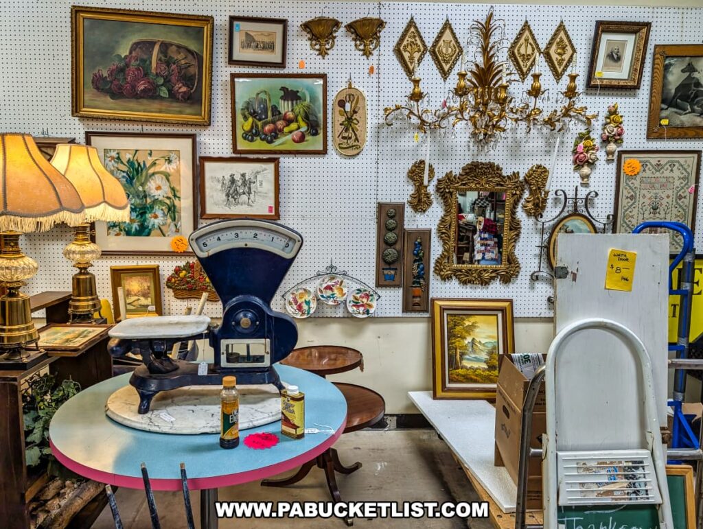 Vendor booth at the Lewisburg Antique Malls in Union County, Pennsylvania, featuring a variety of vintage home décor items, including framed artwork, ornate mirrors, elegant lamps, decorative wall sconces, a vintage scale, and other assorted antique pieces displayed attractively against pegboard walls.