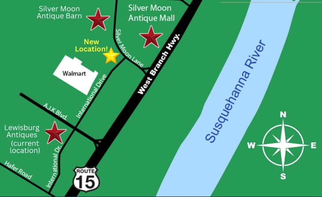 A map showing the future location of Lewisburg Antiques in Lewisburg, PA, as well as the current locations of Lewisburg Antiques, Silver Moon Antique Barn, and Silver Moon Antique Mall.