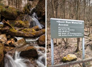 A collage of two photos taken at Bent Run Falls in Warren County, Pennsylvania, showing on the left the cascading waters of the roadside waterfall flowing over moss-covered rocks in the Allegheny National Forest, and on the right the Bent Run Waterfall Access sign marking the entrance to the short trail leading to the falls.