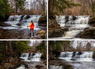 A collage of four images showcases various views of Choke Creek Falls in the Pinchot State Forest, including a hiker admiring the upper tier, a head-on view of the waterfall’s multiple cascades, a wide shot of both tiers spilling into a rocky gorge, and a close-up of the flowing water captured from stream level in Lackawanna County.