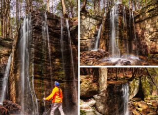 A three-photo collage of Hector Falls in the Allegheny National Forest features a hiker standing at the base of the towering monolithic rock formation with water flowing down both sides, a view of a rainbow forming in the mist at the foot of the falls, and an overhead perspective showing the waterfall plunging into a rocky grotto surrounded by dense forest in Warren County, Pennsylvania.