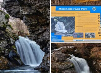 Collage of three photos from Marshalls Falls in Monroe County, Pennsylvania, showing a dramatic view of the waterfall framed by rock cliffs, an educational sign with geological and historical information about Marshalls Falls Park, and an overhead perspective of water rushing through a rocky gorge in a forested setting.