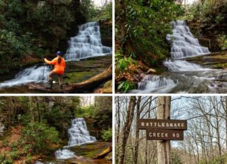 Collage of four images featuring Rattlesnake Falls in Monroe County, PA, including various views of the multi-tiered waterfall cascading through a forested ravine, a hiker standing at the base of the falls, and the Rattlesnake Creek Road trailhead sign marking the route through State Game Lands 221.