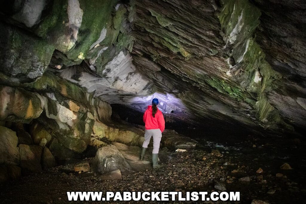 A person wearing a red jacket and rubber boots explores the rocky, moss-covered interior of Tytoona Cave in Blair County, Pennsylvania.