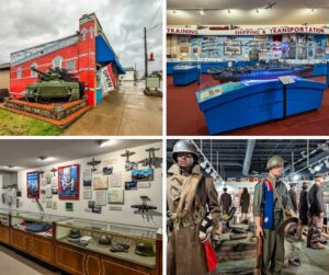 Collage of four photos from the Eldred WWII Museum in McKean County, PA, featuring the exterior of the museum with a tank and mural, a naval exhibit with model ships and transport artifacts, a display of World War II-era military helmets and uniforms beneath historic posters and model planes, and a group of mannequins dressed in international military uniforms positioned around a detailed battlefield diorama.