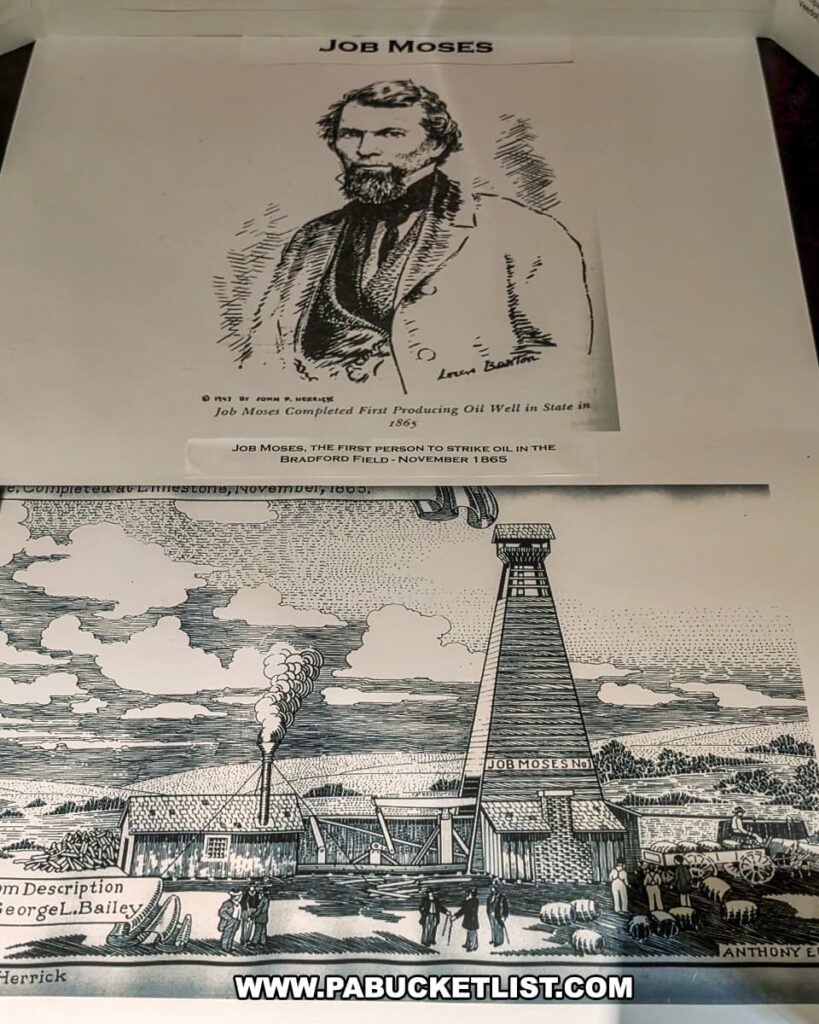 A historical display at the Penn Brad Oil Museum in McKean County, Pennsylvania, featuring a sketch of Job Moses, the first person to successfully strike oil in the Bradford Oil Field in November 1865, along with an illustration of the Job Moses No. 1 oil well showing a tall wooden derrick, smoke rising from a nearby building, and workers operating in the surrounding oil field landscape.