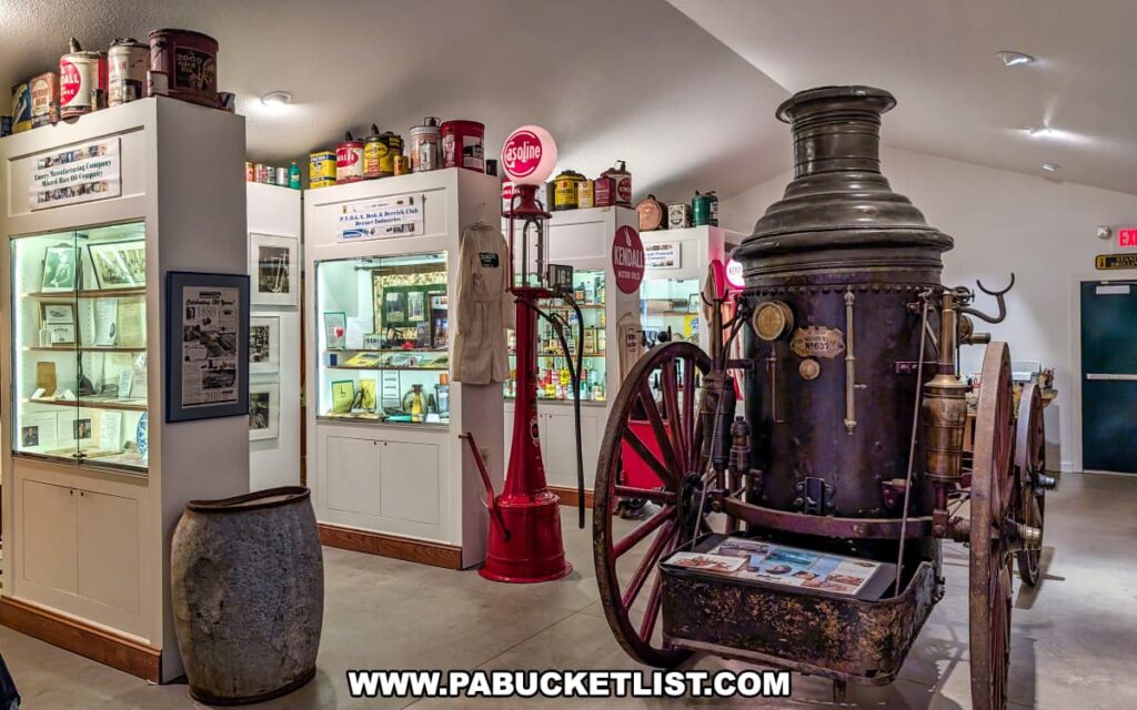 A display area inside the Penn Brad Oil Museum in McKean County, Pennsylvania, featuring vintage oil industry artifacts including an antique steam-powered oil field boiler mounted on wooden wheels, an old-fashioned red gasoline pump, glass display cases filled with historical photographs, documents, and memorabilia, and shelves lined with colorful vintage oil cans; additional items include a vintage oil company uniform hanging on display and signage related to Kendall Motor Oil.