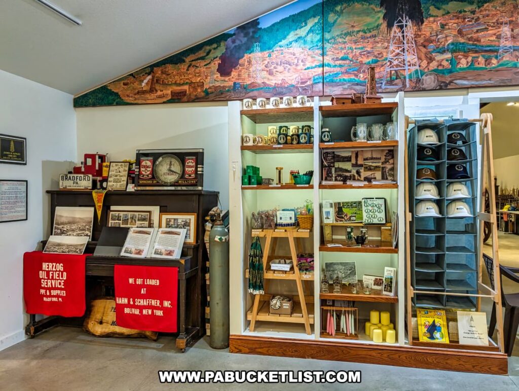 Gift shop area inside the Penn Brad Oil Museum in McKean County, Pennsylvania, featuring shelves stocked with souvenir items such as mugs, hats, glassware, postcards, books, and oil industry-themed memorabilia; the display includes vintage oil field signs, photographs, and advertisements, along with a colorful mural above depicting a bustling historic oil field scene with wooden derricks and pump jacks.