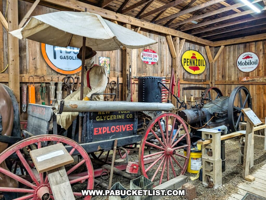 Indoor exhibit at the Penn Brad Oil Museum in McKean County, Pennsylvania, featuring a historic nitroglycerine wagon from the New York Glycerine Company used for transporting explosives in the oil fields; the wagon has large wooden wheels, a canvas canopy, and a mannequin driver dressed in period clothing, with vintage oil company signs from Pennzoil, Mobil, and others mounted on the wooden walls of the display area.